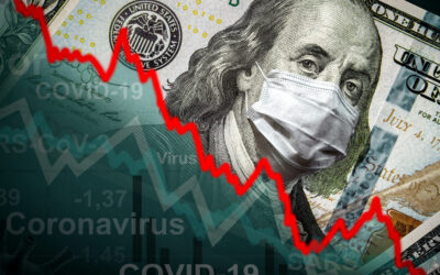 A hundred-dollar bill with Benjamin Franklin wearing a face mask is in the background, while a red downward-trending graph overlays words like