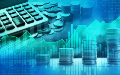 A collage of financial symbols: a calculator, stacked coins ascending, and a digital line graph showing upward market trends, all in blue tones. Charts and data overlays suggest fiscal year growth and analysis.