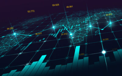 A digital representation of the global financial network showcases dynamic changes through graphs and data points. Light blue lines and numbers overlay a dark grid, depicting a stylized world map and bar charts indicating financial statistics influenced by IRS Partnership Audit Rules.