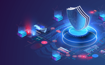 Futuristic digital shield surrounded by glowing geometric patterns and data blocks, resembling a client memo on cybersecurity. The scene highlights red flags through neon blue and red hues, filled with technical elements on a dark background.
