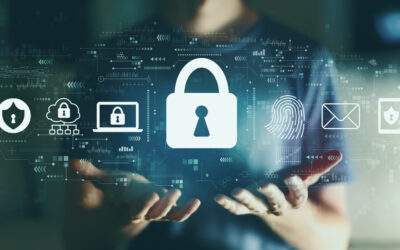 A person with outstretched hands is enveloped by digital icons representing privacy: a padlock, shield, fingerprint, and email. The circuit-like lines in the background enhance the theme of cybersecurity and data protection.