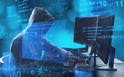 A person in a hoodie sits at a desk with two computer monitors, typing on a keyboard. The scene is filled with digital blue code and binary numbers, hinting at various fraud schemes in the world of cybersecurity.