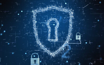 A digital illustration featuring a glowing shield with a keyhole in the center, symbolizing cybersecurity. The background is dark with network patterns, small locks, and abstract circuit designs scattered throughout.